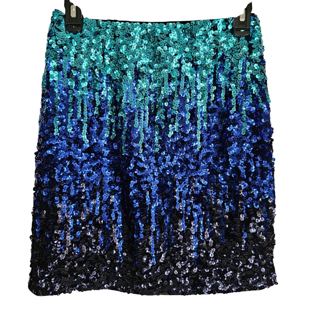 MANER Womens Ombre Sequin Mini Skirt Teal Blue Mermaid MA581# M